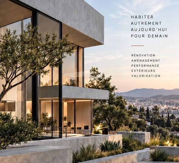 Maison contemporaine en béton et verre entourée de végétation, au coucher du soleil. Texte sur l’image : Habiter autrement aujourd’hui pour demain. Rénovation, aménagement, performance, extérieurs, valorisation.
